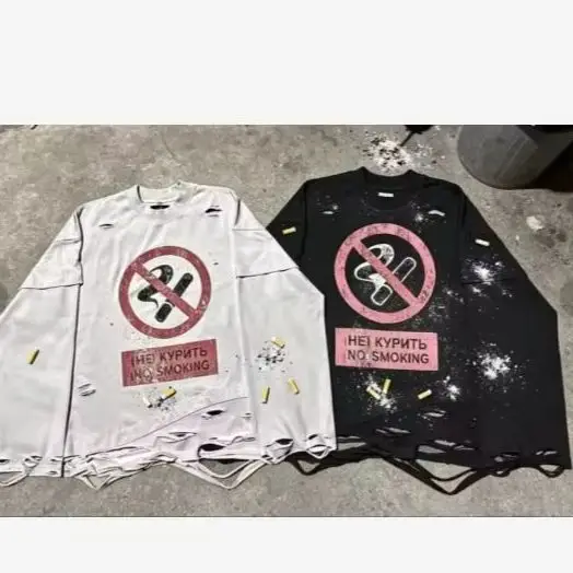 Y2K Cigarette Pattern Print Streetwear Harajuku Hip Hop Ripped Long Sleeve Top Gothic Fashion Crew Neck Sweatshirt Men Women