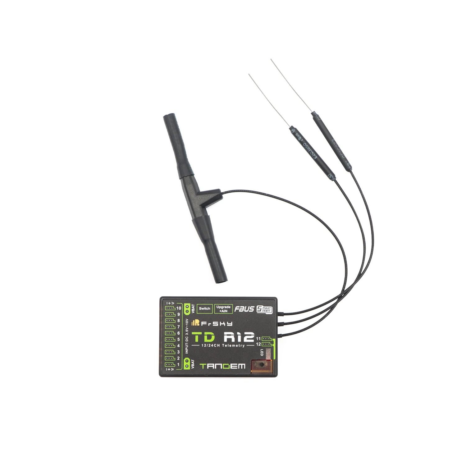 Récepteur FrSky TD R12 double bande avec antennes déployées, prêt pour installation sur drone