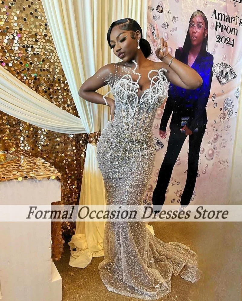 Women Prom Dresses Sparkly Sequin Beading Pearls Mermaid