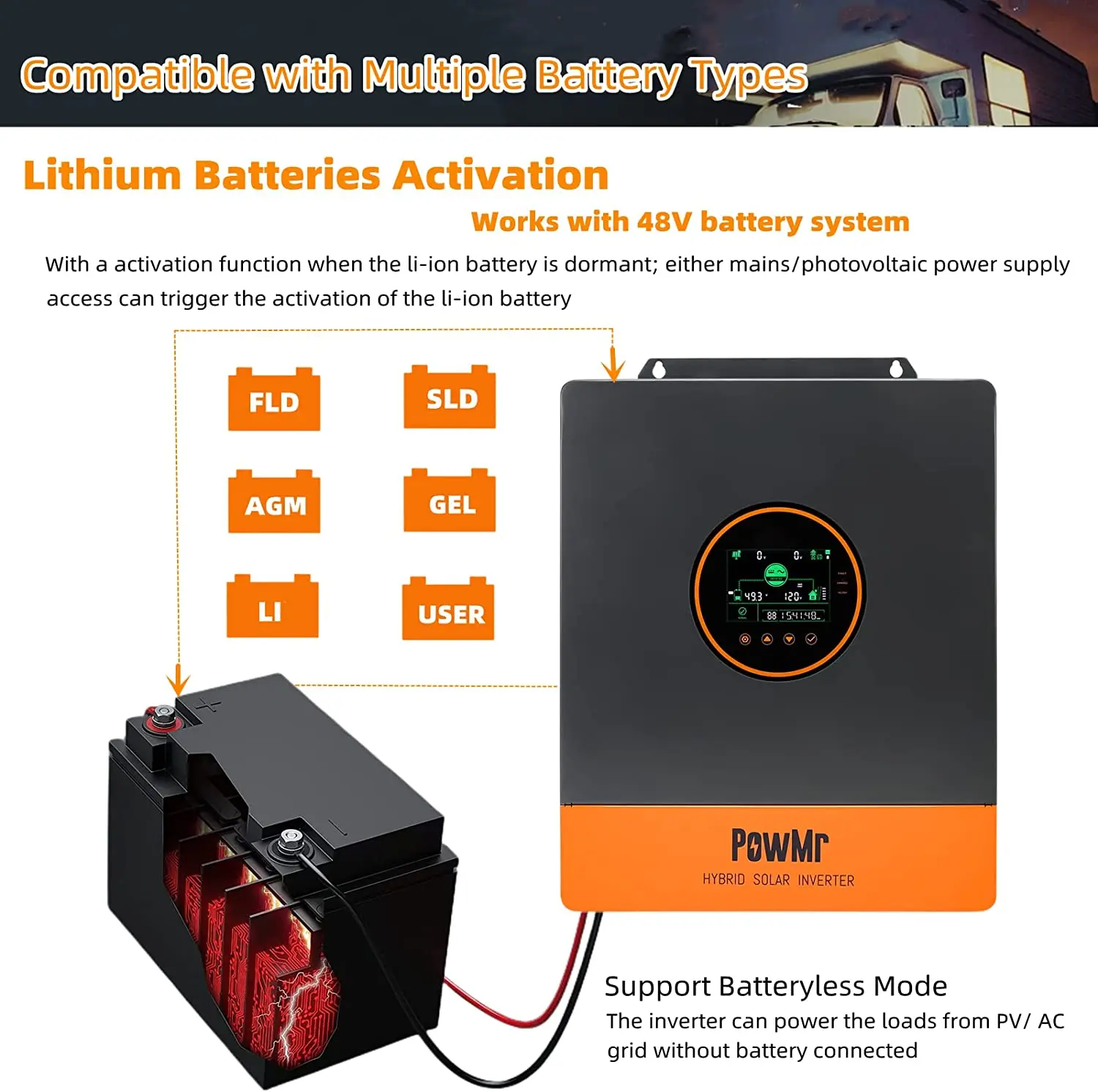PowMr 5KW Split Phase Inverter 48V 110V Off Grid Pure Sine Hybrid Solar Inverter with MPPT 100A Battery Charger Parallel Up to 6 4