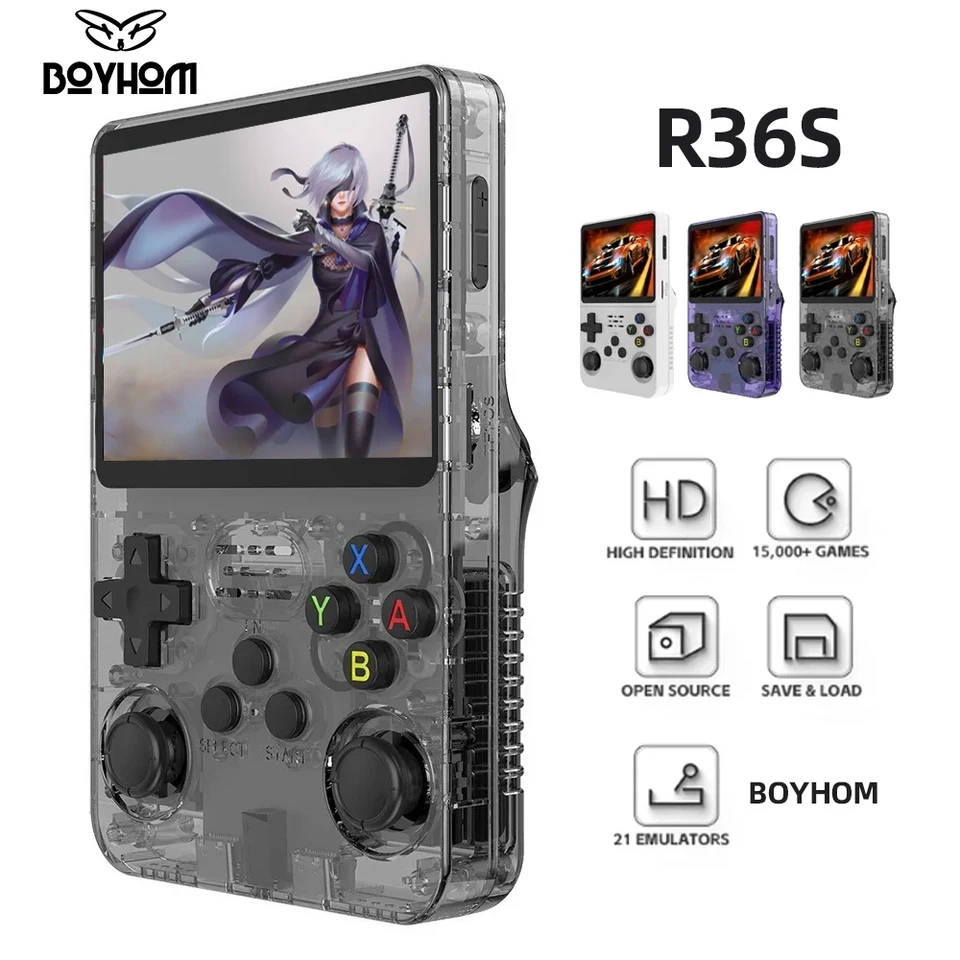 BOYHOM R36S Retro-Handheld-Spielkonsole mit Linux-System, 3,5-Zoll-IPS-Bildschirm, R35 Pro tragbarer Taschen-Videoplayer mit 64 GB Speicher_voghion.com