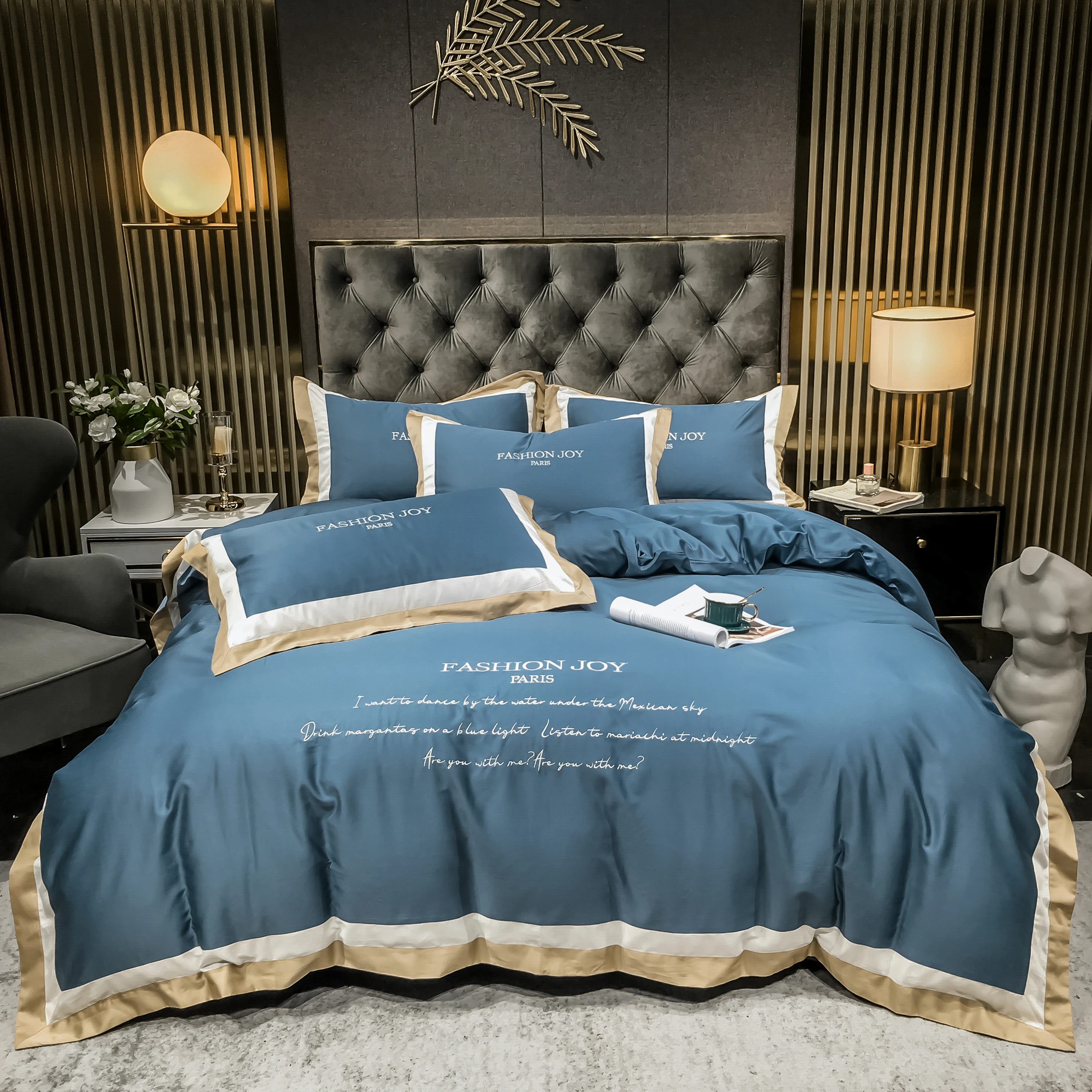 

Новинка 2022, четырехкомпонентное постельное белье, Модная хлопковая двойная простыня для дома, пододеяльник, дизайнерские постельные принадлежности серого и синего цвета