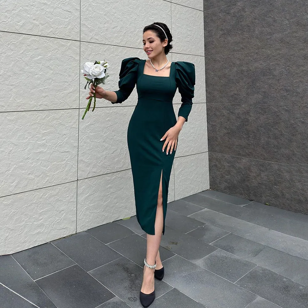 

Msikoods Dark Green Mermaid Evening Dresses Square Neck Formal Prom Dresses Tea Length Slit Prom Gowns For Women Party Dress