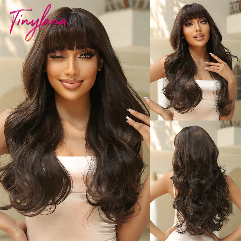 

Long Wavy Natural Black Synthetic Wig with Bangs Body Wave Dark Brown Wigs for Women Afro Daily Cosplay Heat Resistant Hair