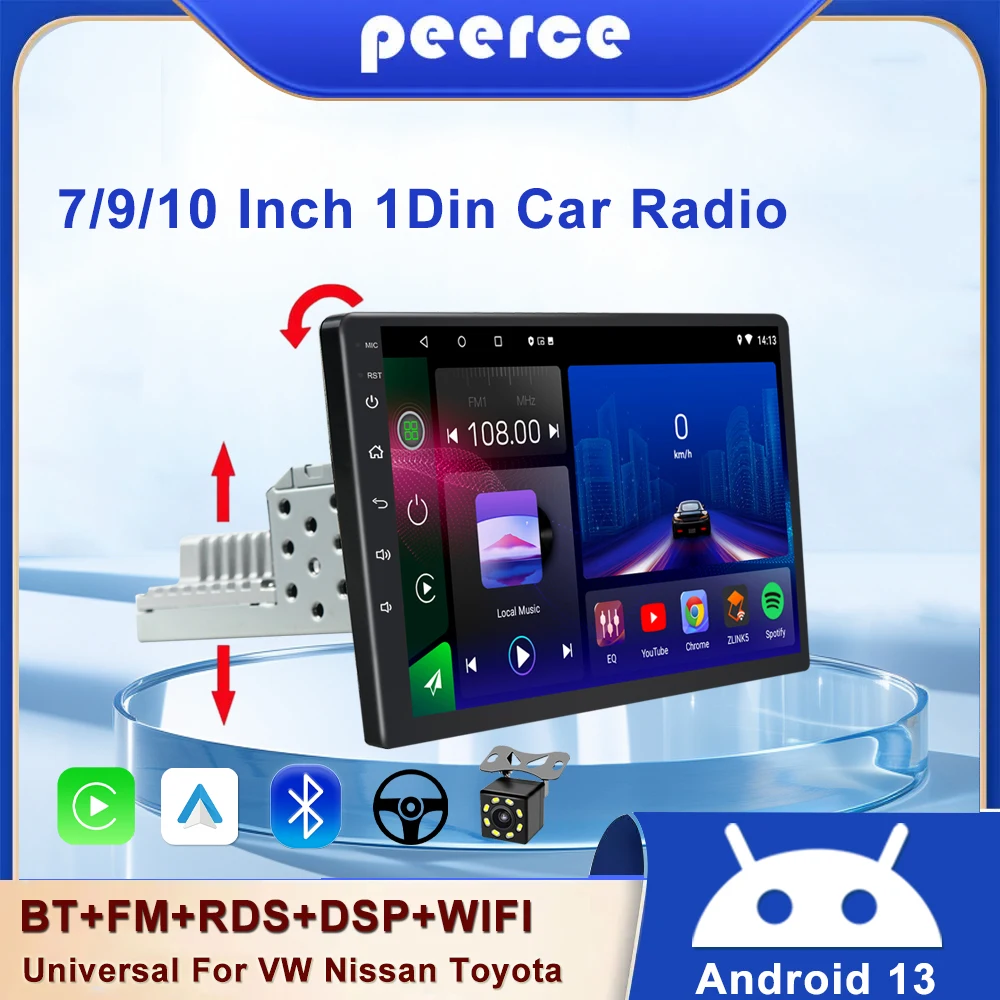 차량용 멀티미디어 카플레이, 범용 내비게이션, GPS, 1 DIN 헤드유닛, 자동 라디오, 오디오, 스테레오, DVD, 7 인치, 9 인치, 10 인치, 13 인치, 8 코어, 안드로이드 1Din