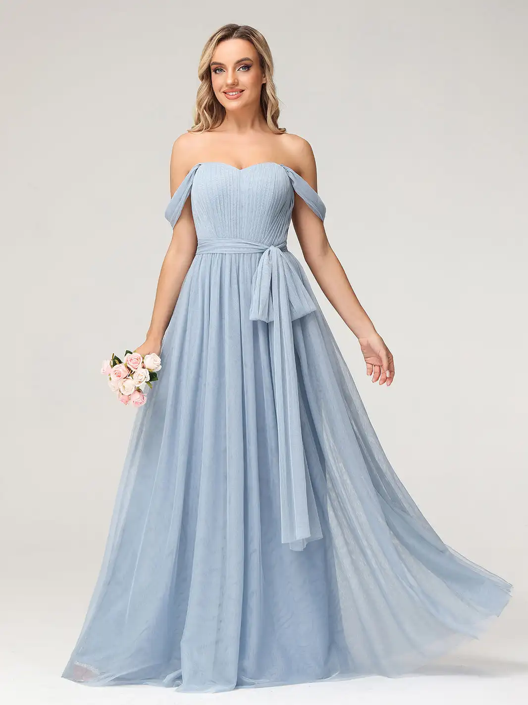 

Princess Off Shoulder Tulle Bridesmaid Dress With Sash Bow A-line Sleeveless Wedding Cocktail Dresses Pleated Evening Gowns