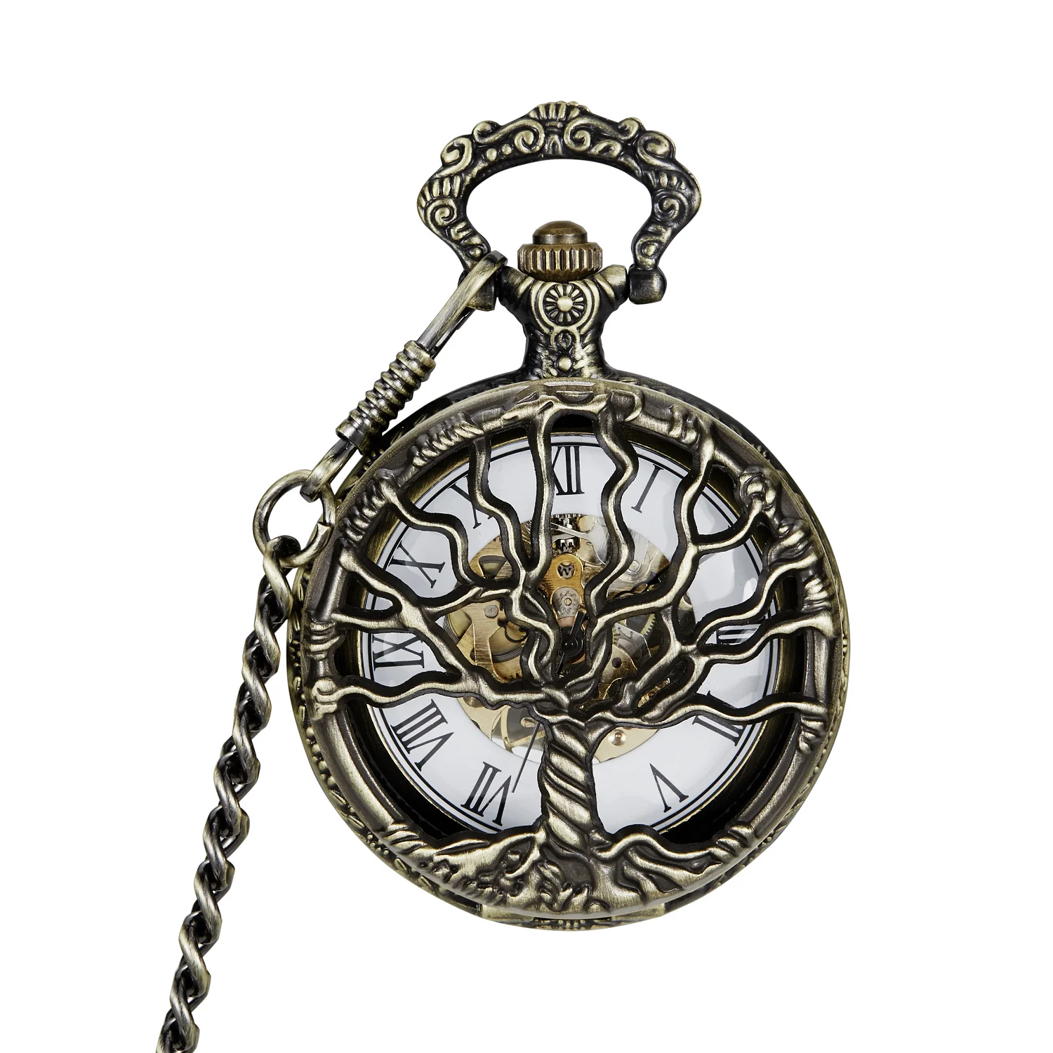 Personalised Fashion Brass Stainless Steel Tree Of Life mechanical Pocket Watch Necklace Men Women Jewelry Pendant Chain