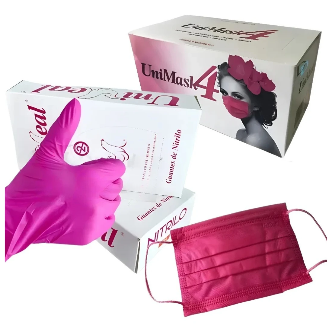 Pack Guantes Uniseal Nitrilo Y Cubrebocas Unimask 4 Rosa