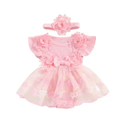 Floral Lace Ruffle Baby Girls Romper with Headband - Summer Princess Bodysuit Dress - 6M (Pink)