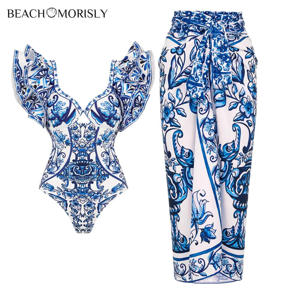 Women Printed One Piece Swimsuit and Skirt  Swimwear Push Up bikini set two pieces Summer Bathing Suit Monokini