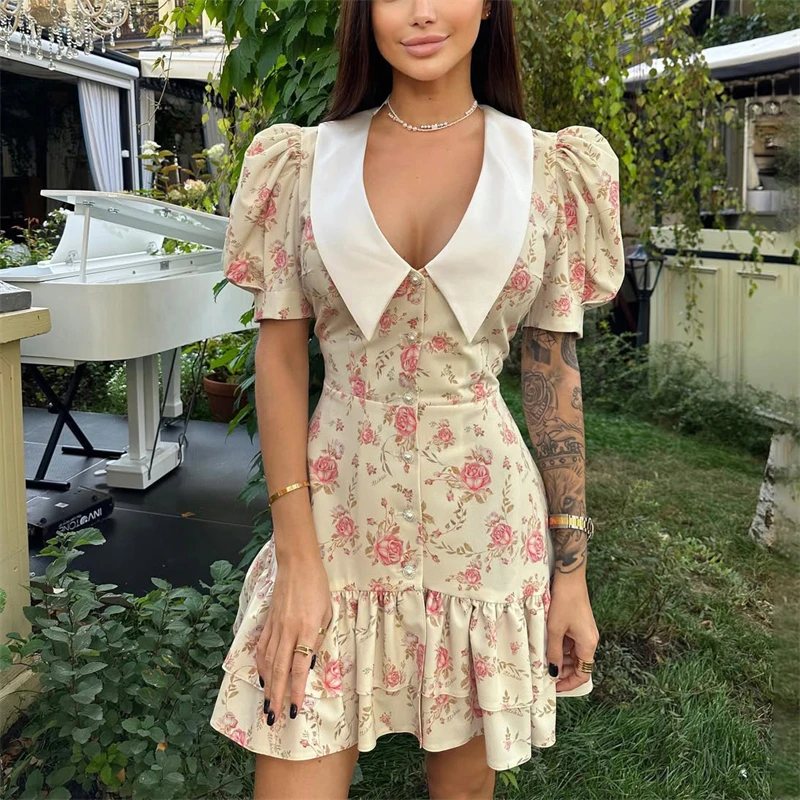 Floral Puff Sleeve Mini Dress V-Neck Ruffled Hem & Pearl Button Detail