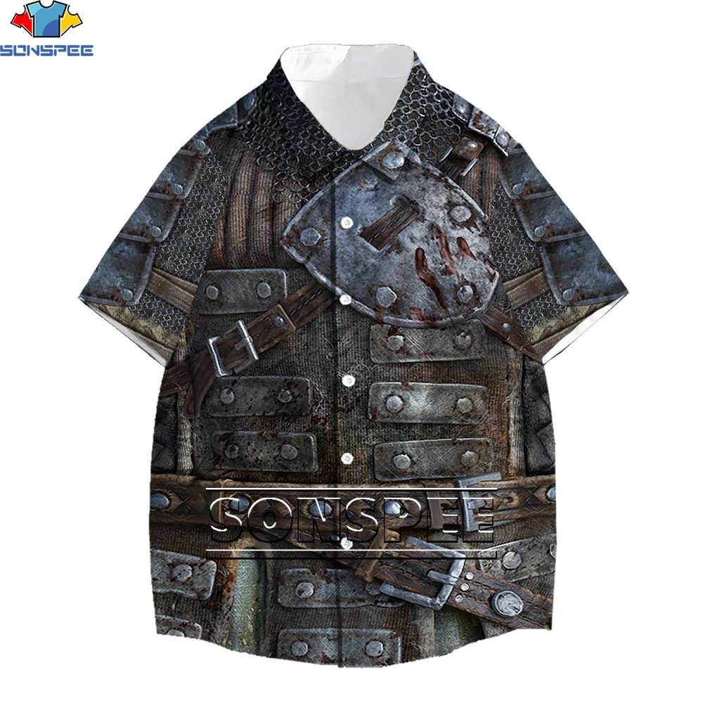 SONSPEE Ancient Culture Armor Warrior Suit Cosplay 3D Casual Print Shirt Holiday Summer Men's Fashion Trend Plus Size Hawaii