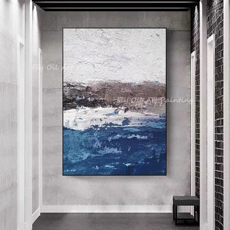 

Ocaen Sea Blue Art Abstract 100% Hand Painted modern texture landscape Oil Painting Grey Canvas Large Size Thick Picture