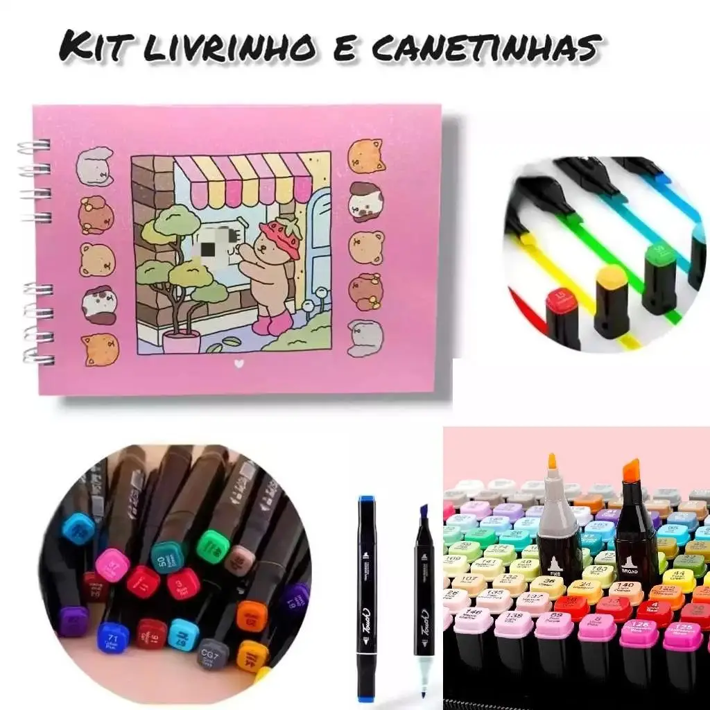 Kit Livro De Colorir Bobbie Goods Capa Dura 55 Folhas + Canetas 12 Cores Dupla