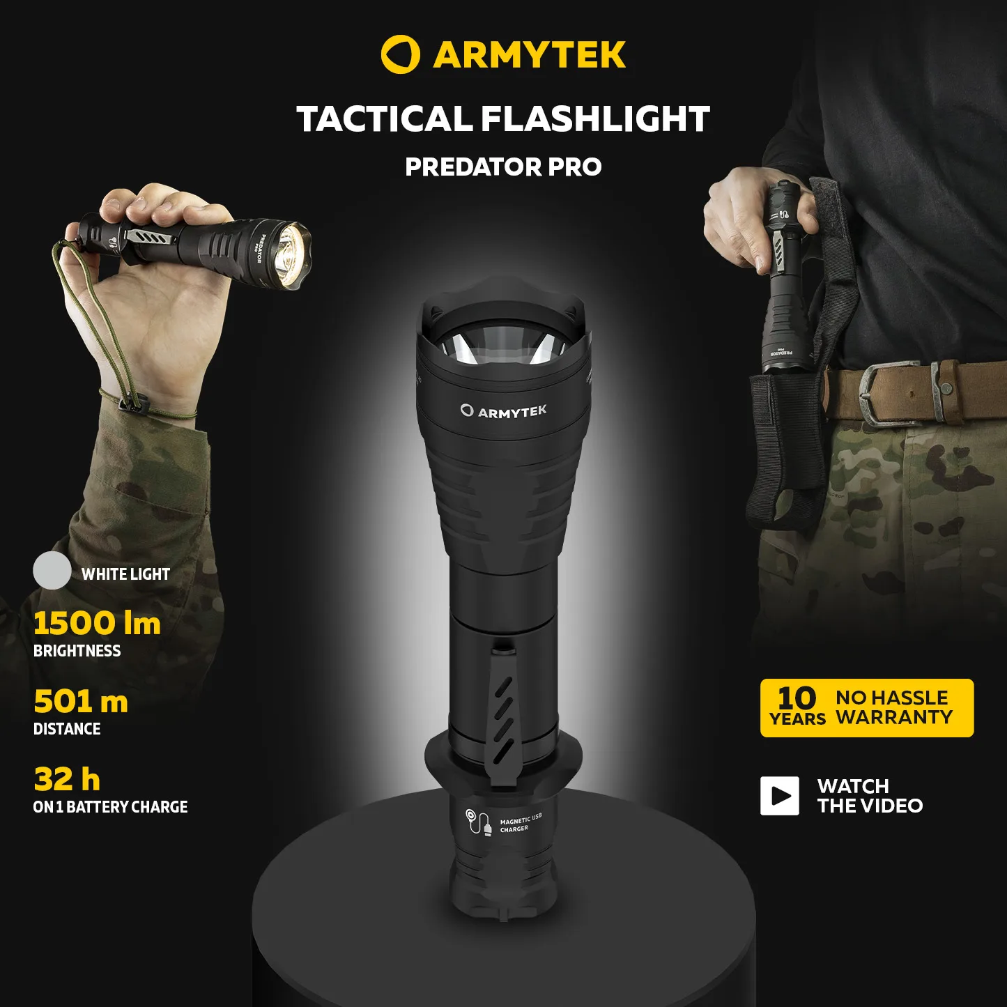 Armytek Predator Pro 懐中電灯 1400lm 4000K Armytek Predator Pro Magnet USB - Tactical Flashlight