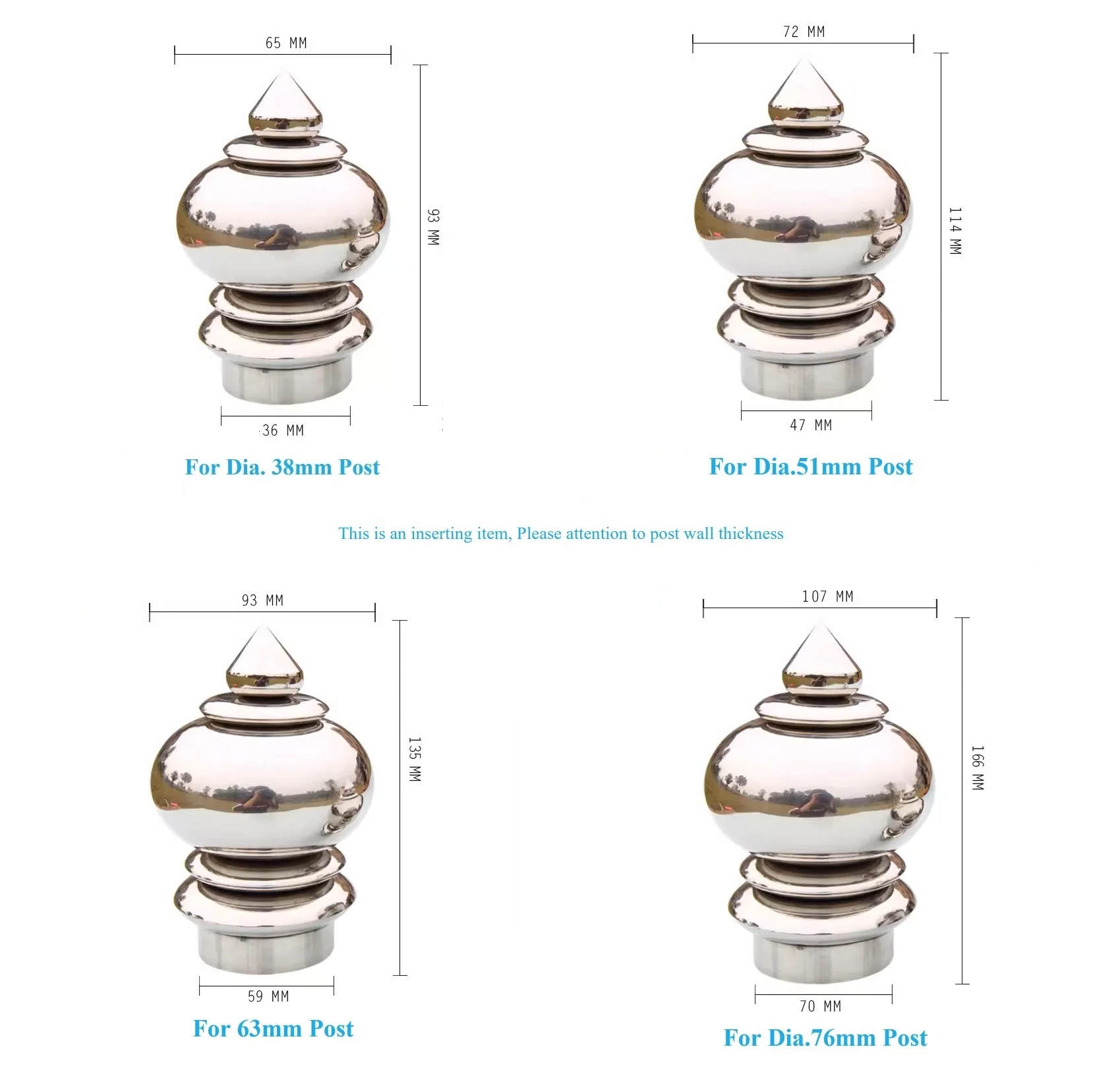 1Piece 304 Stainless Steel Fence Post Finial Inserting Cap Pagoda Shaped For Bed Handrail