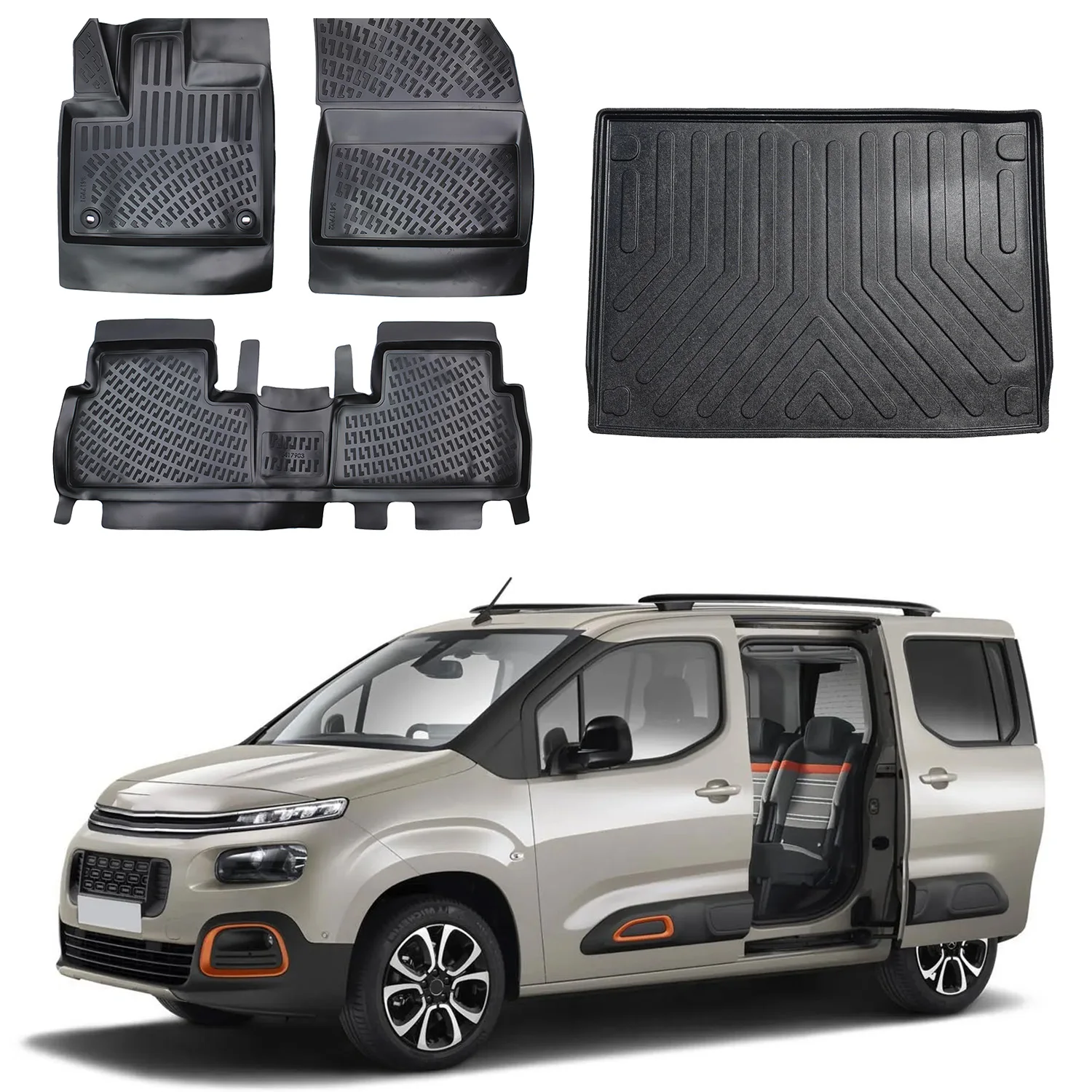 

Коврики и подкладка багажника для Citroen Berlingo 2019-2024-максимальное покрытие при любой погоде-Водонепроницаемость