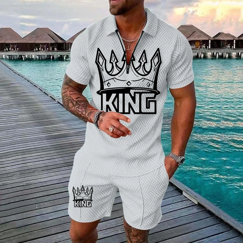 

Summer King Crown Printed Men'S Polo Shirt Set Fashion V-Neck Short Sleeve Shorts Loose Clothing Oversized Men'S Polo Shirt