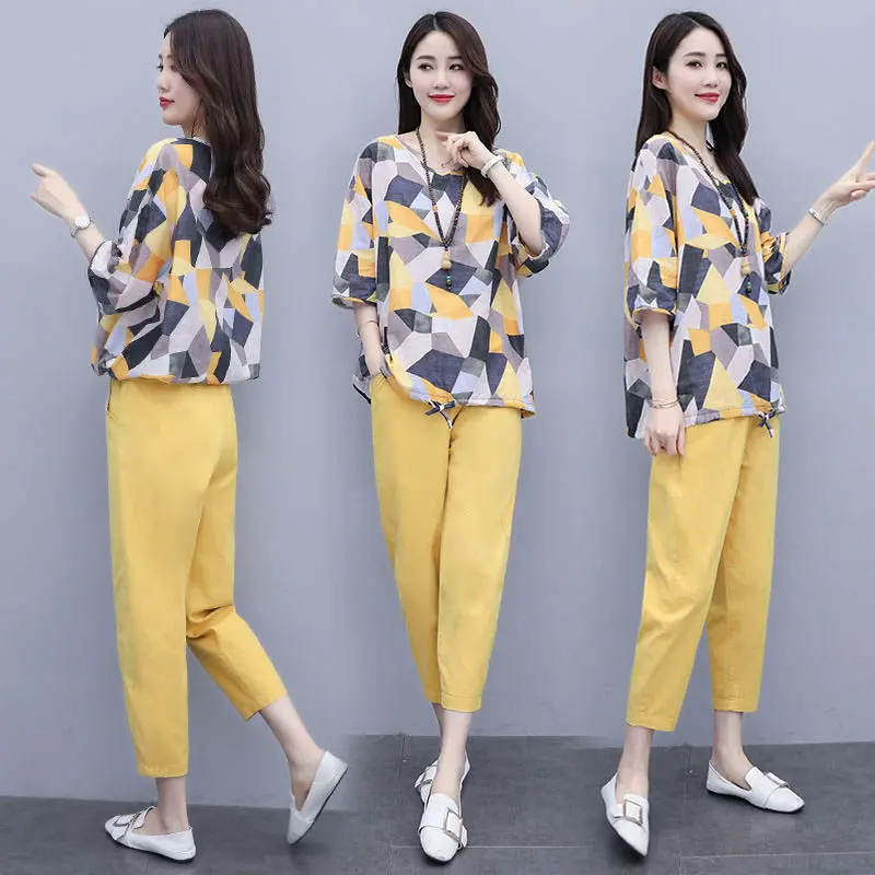 Sports Wear Set Spring Two Piece Linen Women Sets Elegant O Neck Top Shirt and Drawstring Casual Vintage Pocket Harajuku