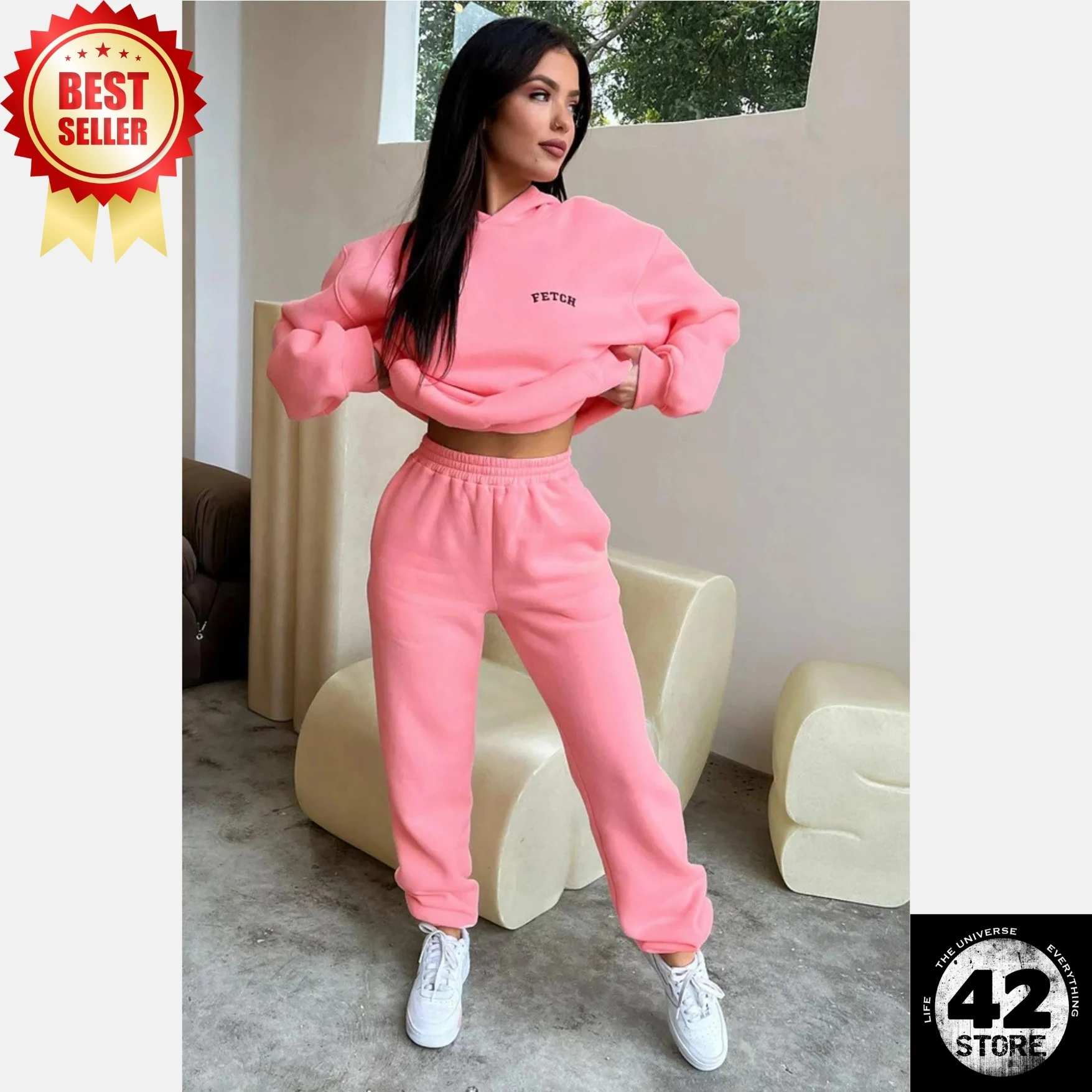 Printed Loose-Fit Hooded Very Comfortable Barbie Pink Tracksuit Set