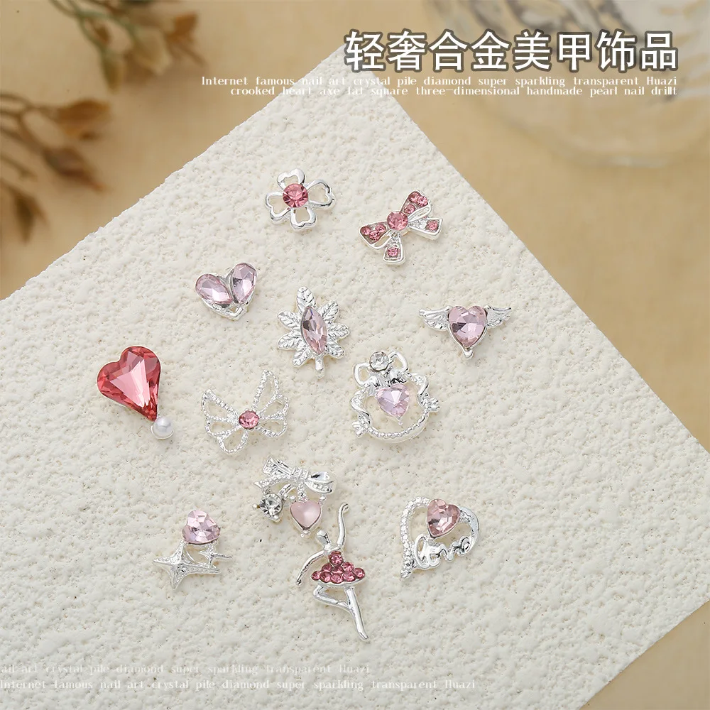 10Pcs Luxury Heart Nail Charms 3D Alloy Sparkling Pink Diamond Bow Star Ballet Girl Nail Art Decorations Rhinestones Gem DIY