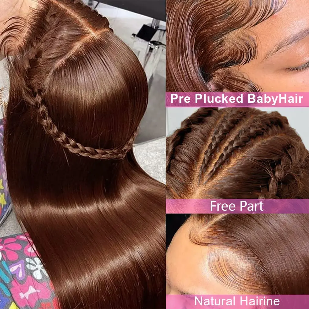 13x4 Chocolate Brown Straight Lace Front Wigs Human Hair 13x6 Transparent HD Lace Frontal Wig Pre Plucked Brown Bleached Wigs - Image 3