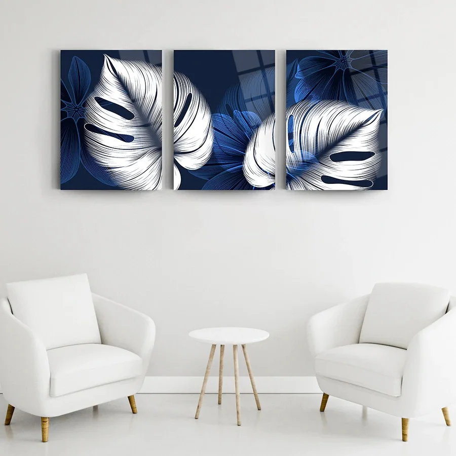

Blue And White Leaves Set Of 3, Glass Wall Art,Frameless Free Floating Tempered Glass Panel,Home Office Living Room Decoration,
