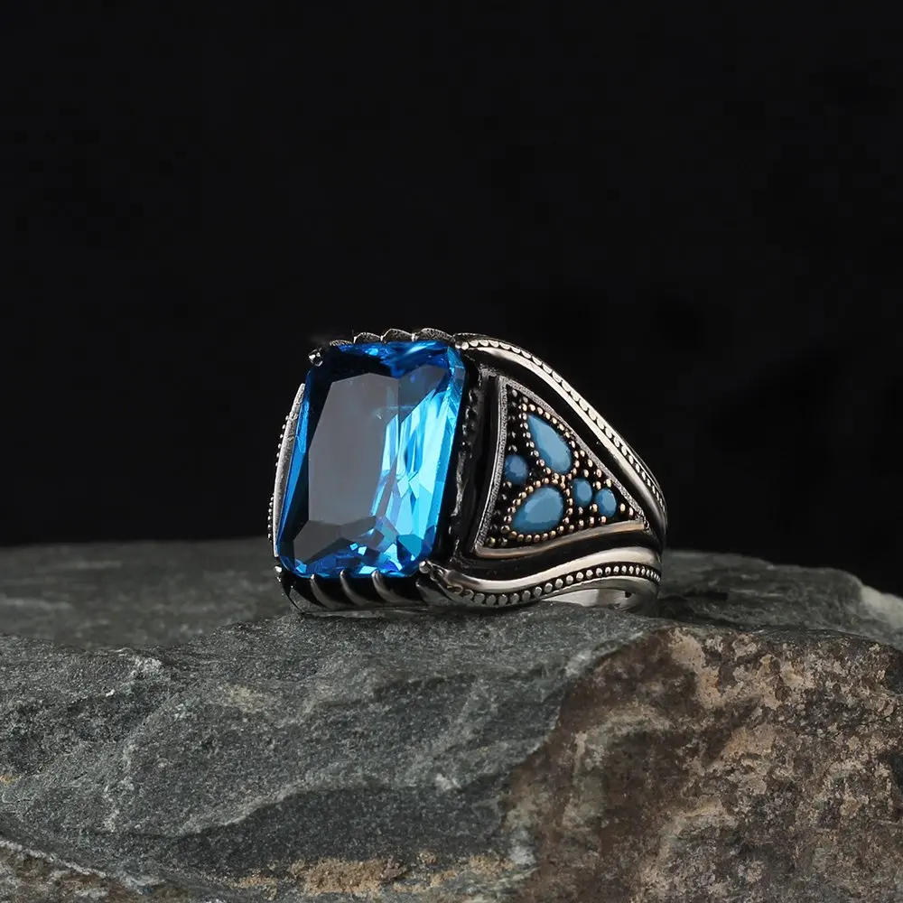

925 Sterling Silver Men's Ring Real Pure With Blue Topaz And Blue Zircon Stones High Quality