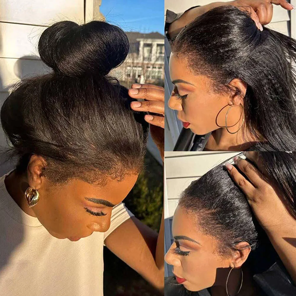4C kinky Edges Kinky Straight Invisible Drawstring 360 Full HD Lace Front Wig Yaki Straight Glueless Wigs Human Hair Frontal Wig 4