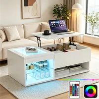 Table basse LED relevable 100 x 55 x 35 cm, Table de Salon brillante, Espace ouvert et caché rangement, Blanc Laqué Brillant 1