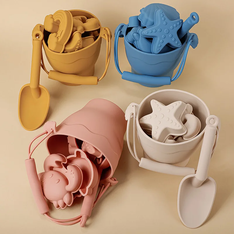 BPA 프리 식품 등급 실리콘 해변 장난감, 재미있는 여름 야외 장난감, 양동이 포함, 4 색 모래 세트, 8 개 