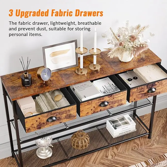 38" Console Sofa Table with 3 Fabric Drawers - Industrial Design with Storage Shelves - Rustic Brown Finish 4