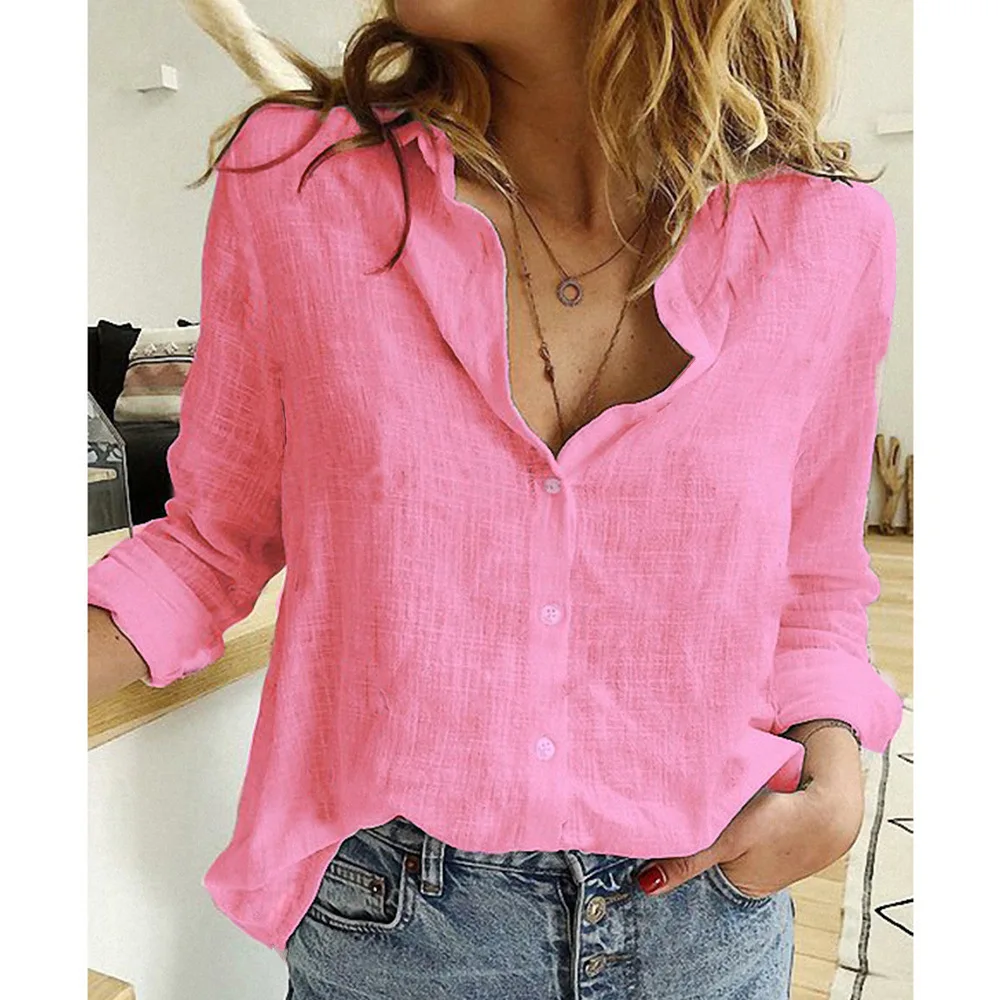 2022 new Button Women's Blouses Pockets Cotton Linen Casual Women's Shirts Summer Top Long Sleeve Shirt Blouse Solid Color Tops