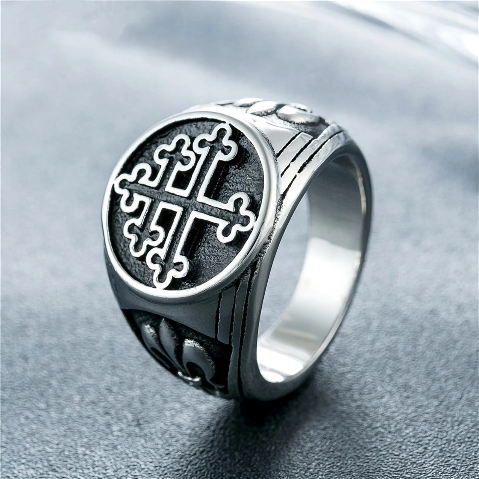 Stainless Steel Lorraine Cross Ring with Lily Flower Fleur De Lys for Men Women Christian Religious Vintage Punk Style Vera Cruz