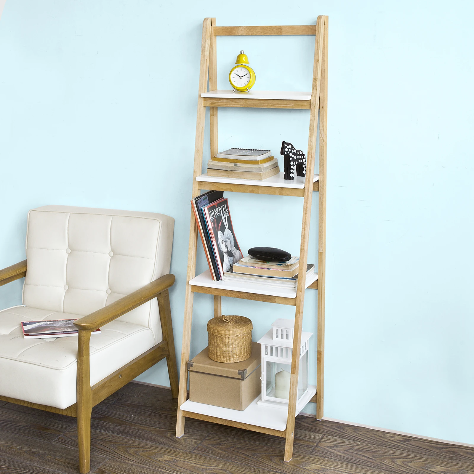 SoBuy FRG162-N Étagère à échelle pliable avec 4 étages en bois d'hévéa et MDF BHT : 42 x 140 x 34 cm
