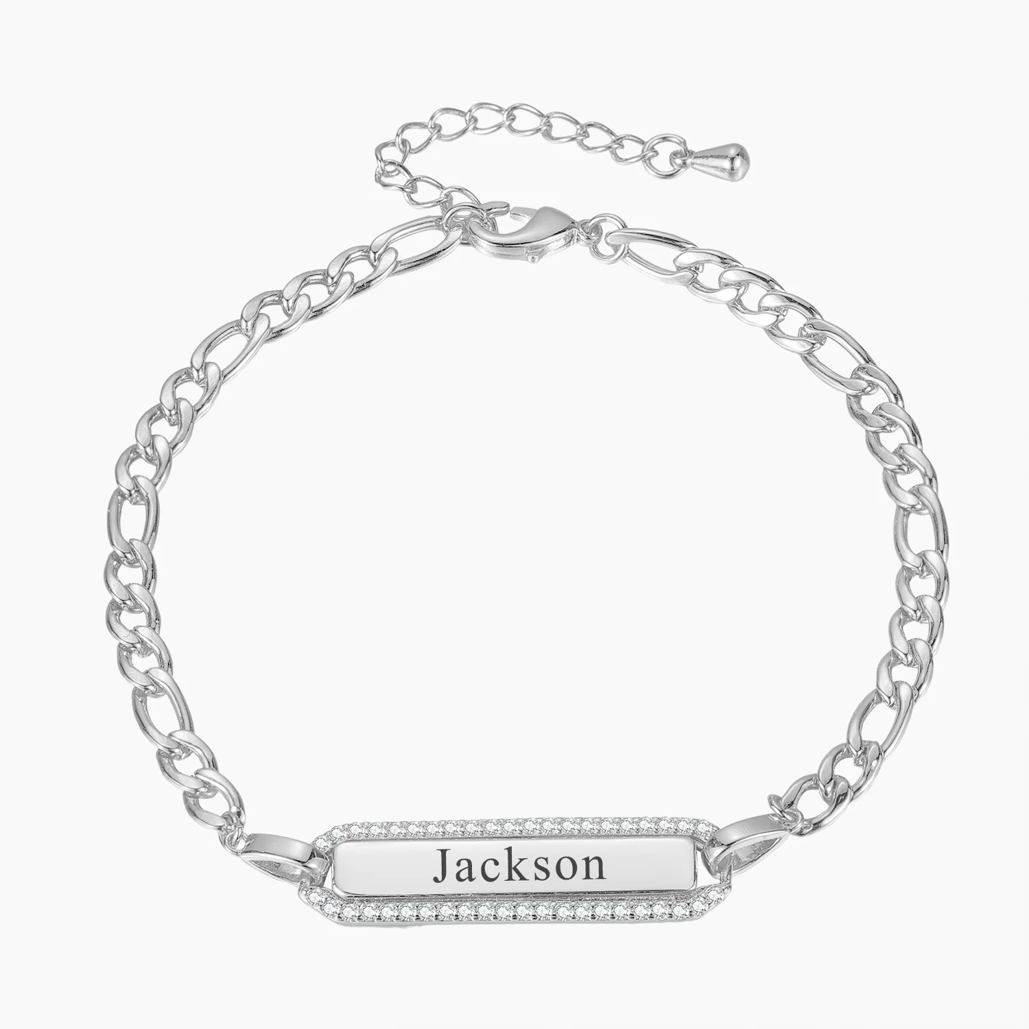 Custom Date Rectangle Engraved Name Bracelet Luxury Figaro Bracelet White Crystal Pendant Adjustable Bracelets 18K Gold Plated