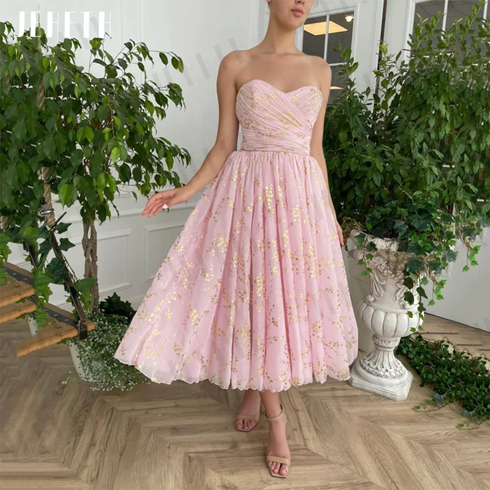 

JEHETH Pink Prom Dresses Charming Strapless Sweetheart Print Party Backless Gown Tea Length Evening A Line Pleat Robes De Soirée