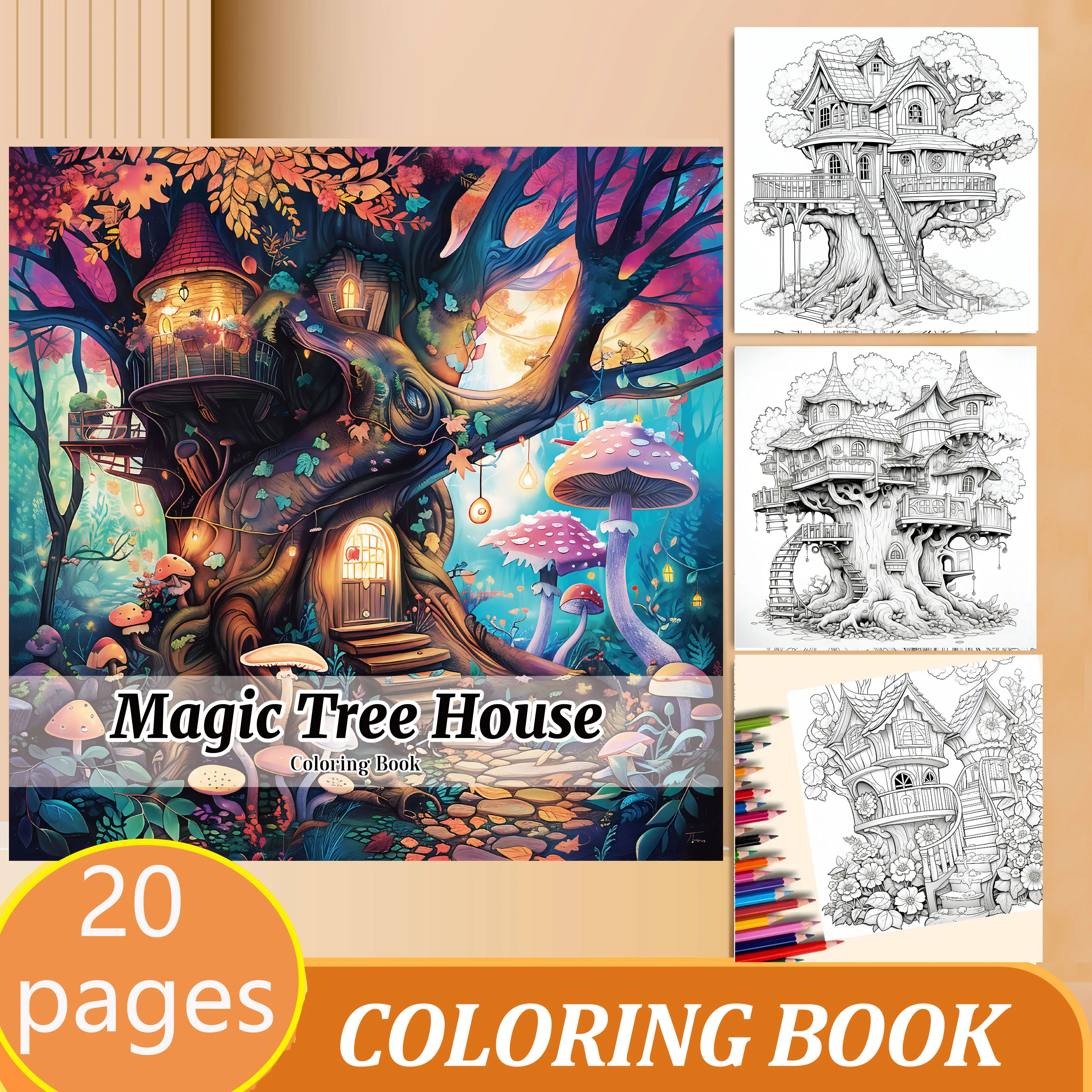 20-seitiges Baumhaus-Fantasy-Malbuch für Erwachsene mit Landschaftsmuster-Designs zur Stresslinderung und Entspannung DIY Graffiti-Malbuch – Detail 7