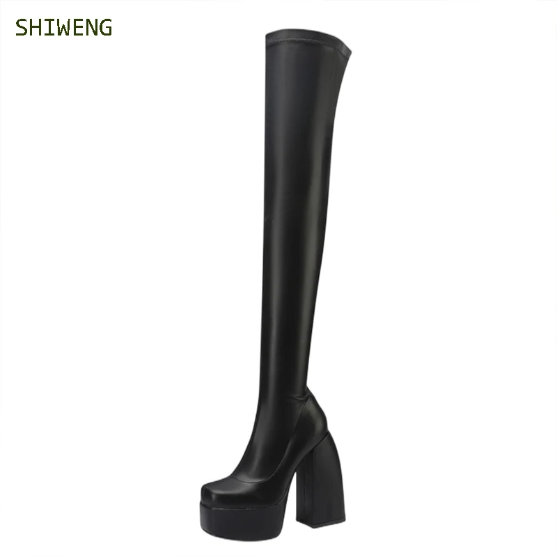 

2022 Women Long Boots Ladies Over The Knee Boots Chunky Heels Platform Female Motorcycle Boots Fashion Sexy Sock Boot 43