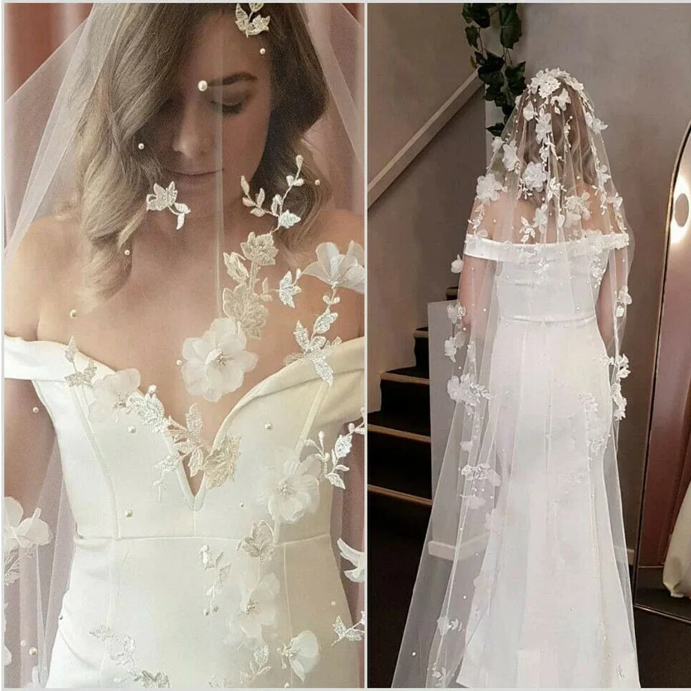 Floral Lace Applique Bridal Veils 3D Organza Flowers Wedding Veils