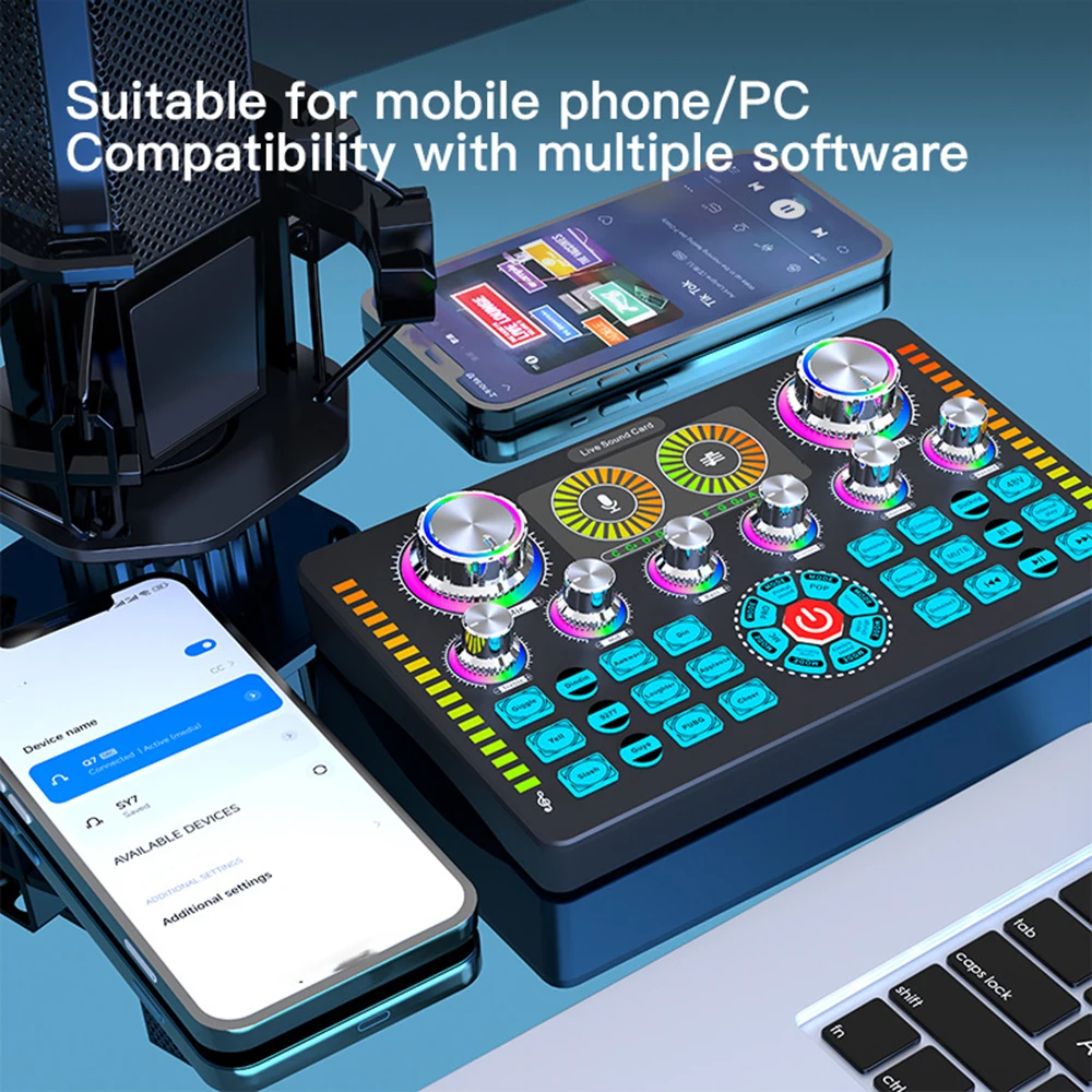 Q7 Sound Card Professional Sound Cards Audio Mixer 48V Phantom for Mobile Phone Computer Karaoke Broadcast KTV Singing Live