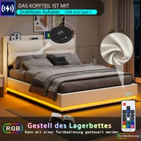 Двуспальная кровать Urban Luxe 160x200 см со светодиодной подсветкой и портом для зарядки, кровать с местом для хранения вещей, решетчатый каркас, фланелевая ткань, белый — изображение 4