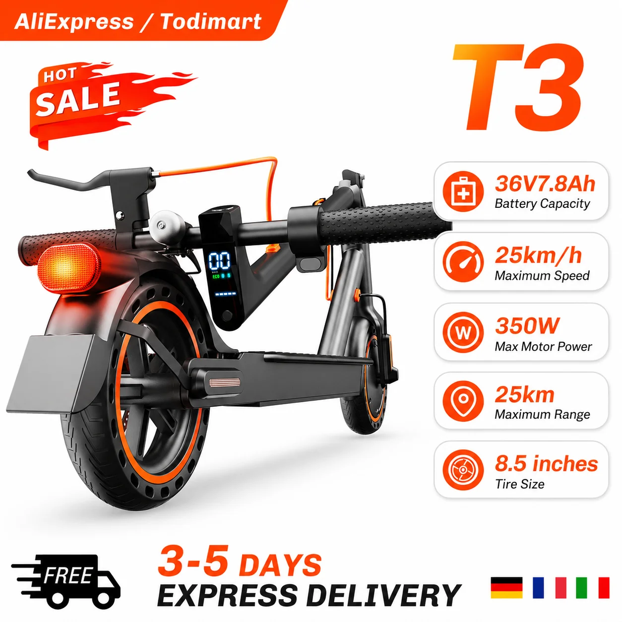 Trottinette électrique pour trajets urbains TODIMART T3, moteur puissant de 350W, batterie 36V, vitesse de 25 km/h, autonomie de 20 à 30 km, pneus en nid d'abeille, pliable, portable, trottinette électrique pour les trajets quotidiens 1 Trottinette électrique pour trajets urbains TODIMART T3, moteur puissant de 350W, batterie 36V, vitesse de 25 km/h, autonomie de 20 à 30 km, pneus en nid d'abeille, pliable, portable, trottinette électrique pour les trajets quotidiens 1