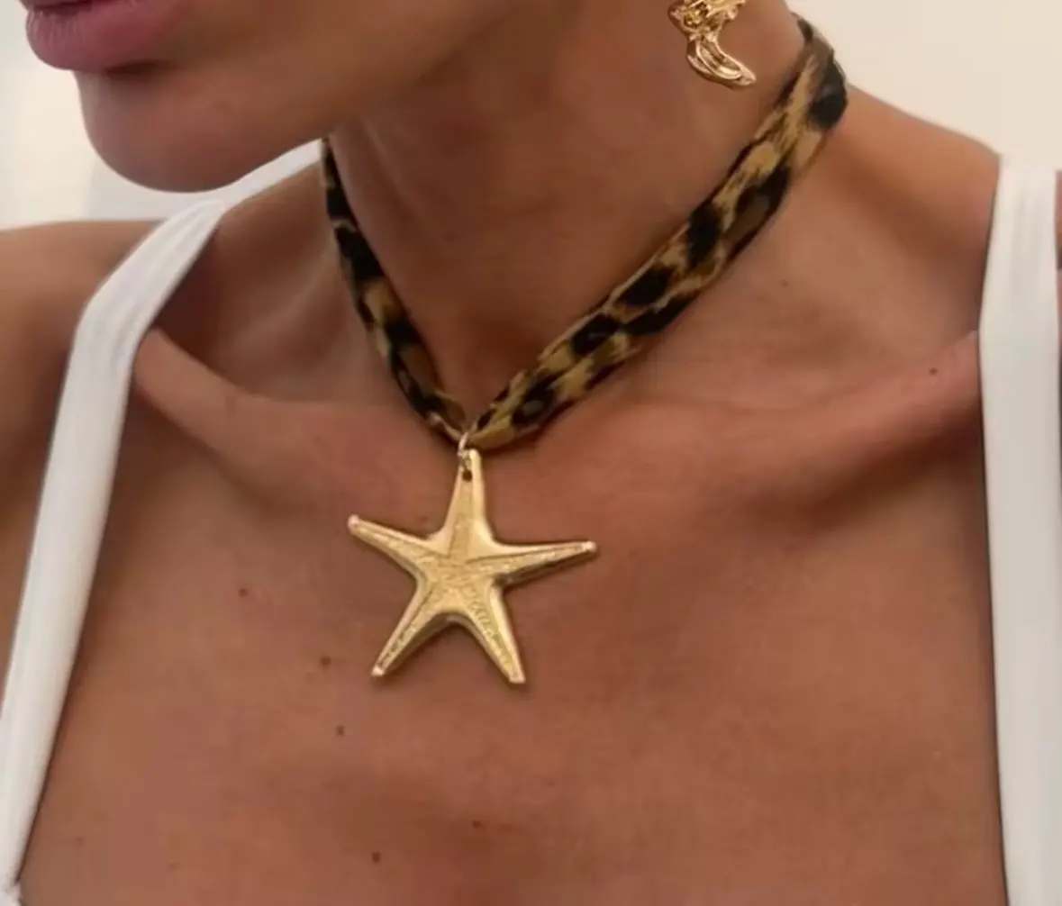 Velvet Starfish Pendant Necklace | Boho Leopard Print photo review