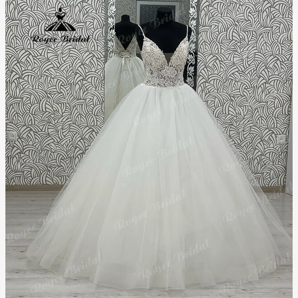 2024 레이스 업 백 신부 가운, 공주 스파게티 스트랩 V넥 레이스 볼 가운, 여성용 보호 웨딩 원피스 2024 레이스 업 백 신부 가운, 공주 스파게티 스트랩 V넥 레이스 볼 가운, 여성용 보호 웨딩 원피스