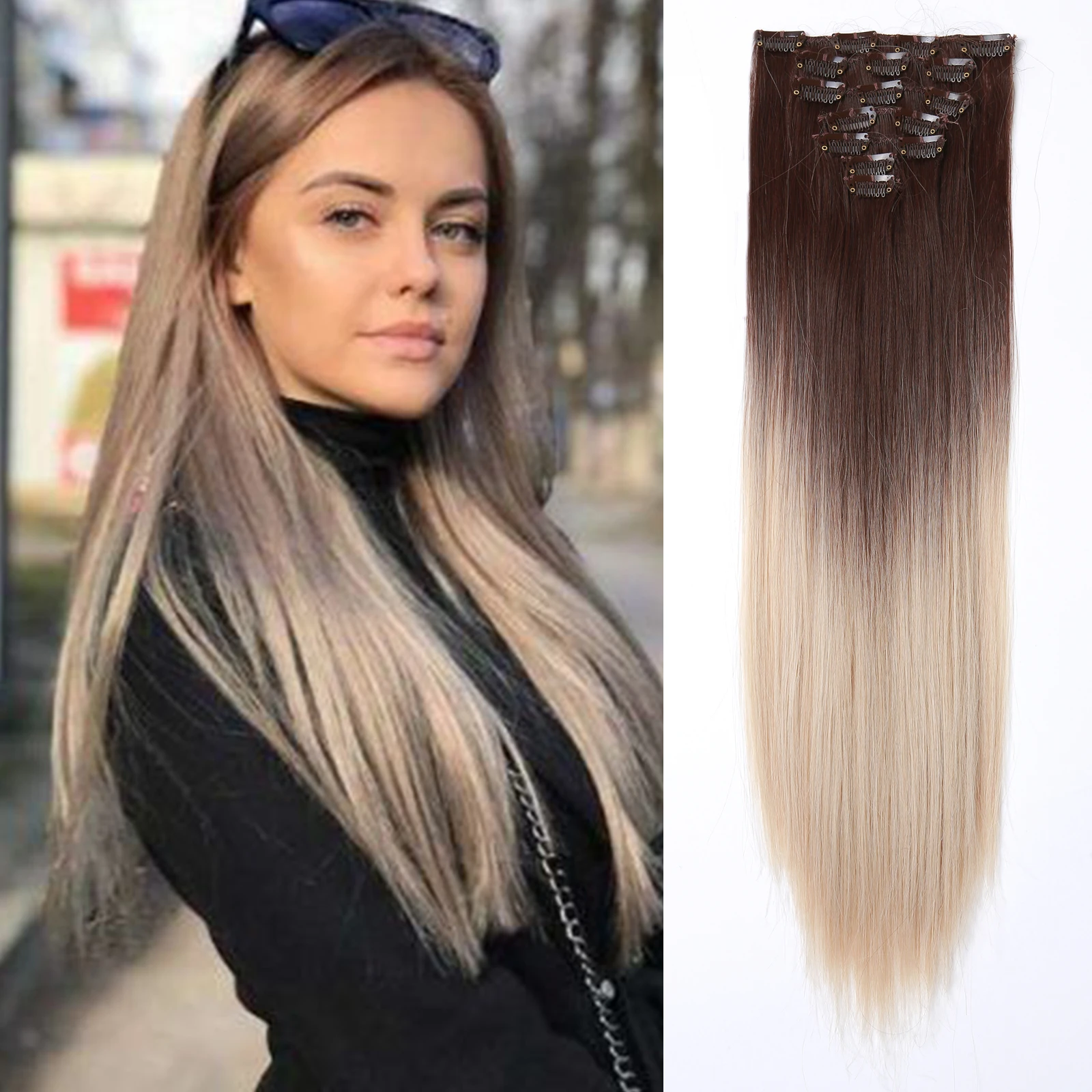 

Ombre Brown Blonde Synthetic Clip in Hair Extension Long Straight Hairstyle Naturel Hairpiece For Women Heat Resistant Fibre