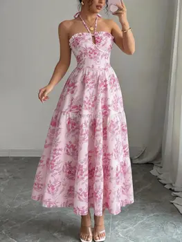 Women's Elegant Floral Print Double Strap Dress, Halter Neck Ruched Off Shoulder Backless Dress, Sweet Vacation Beach Party Outf 1