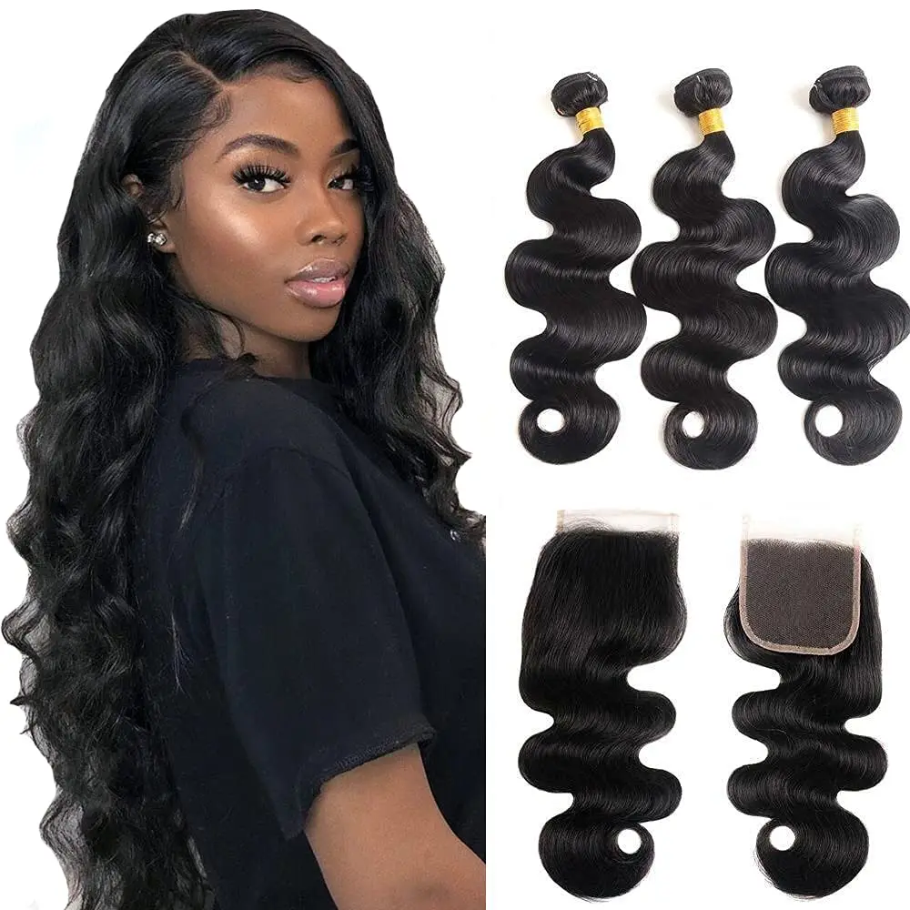 Human Hair Bundles 3 Bundles Body Wave Bundles with 4x4 Free Part HD Lace Closure Brazilian Unprocessed