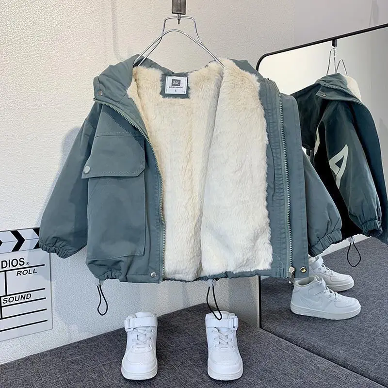 Winter Baby and Boys Hooded Windproof Warm Fleece Lined Drawstring Zip Jackets Children Parka Kids Outfit Tops Coat 2-10Yr Kids Jackets