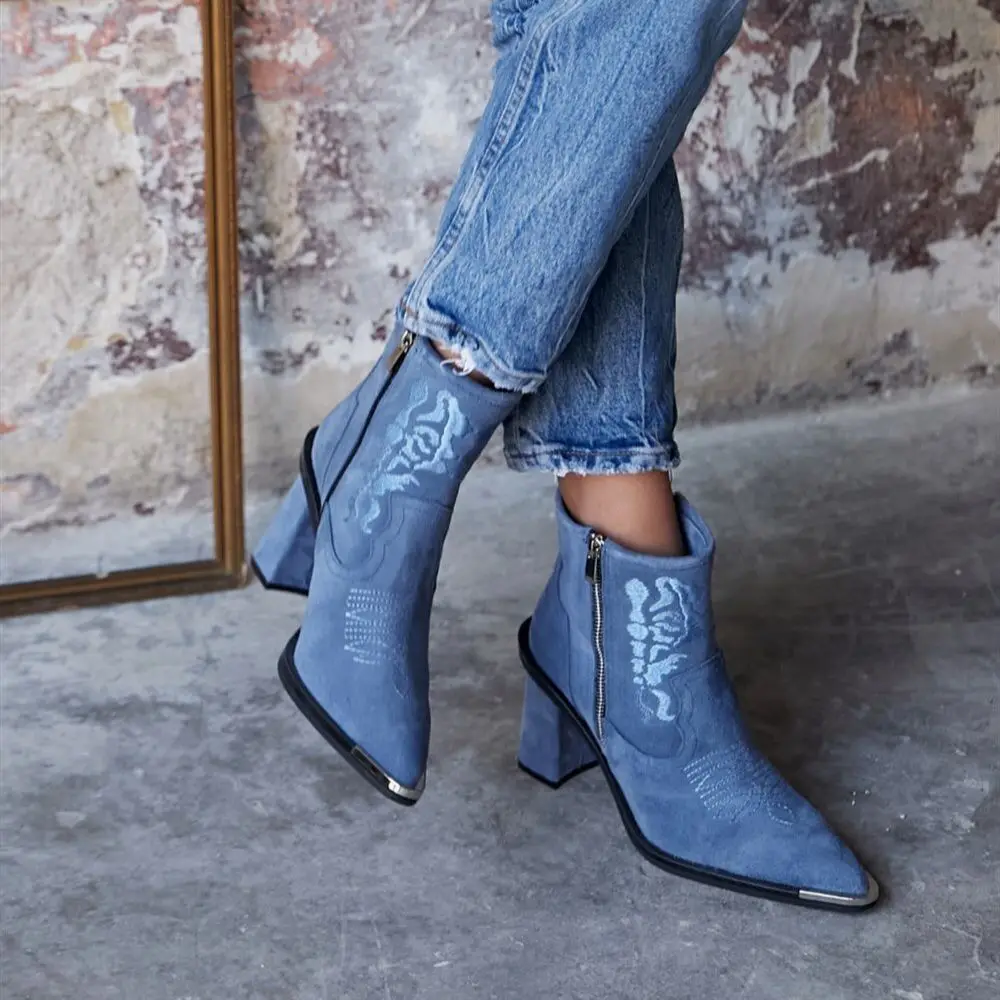 

Sophie Inner Warm Lining Exterior Genuine Leather Suede Embroidered Western Boots Poshnmore Honey Indigo Mink Short Flat Sole Bo